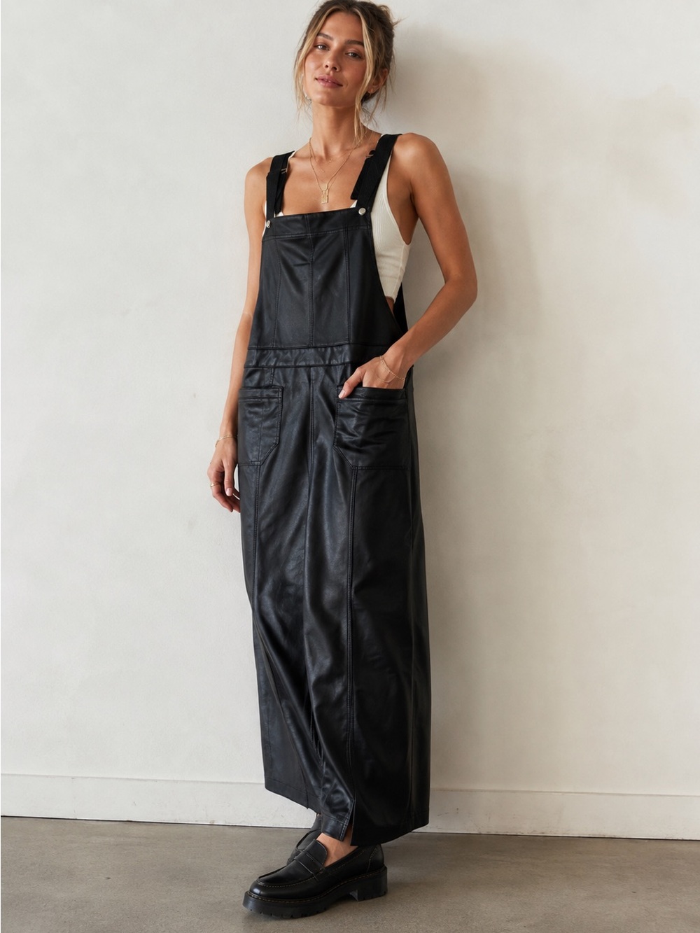 Free People Vegan Leather Jumper Maxi Dress Black Overall Dress Large